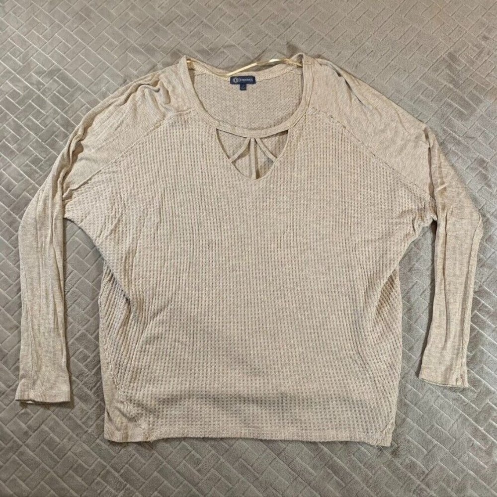 Democracy Womens Large Long Sleeve T Shirt Neutral Beige Waffle Knit V Neck